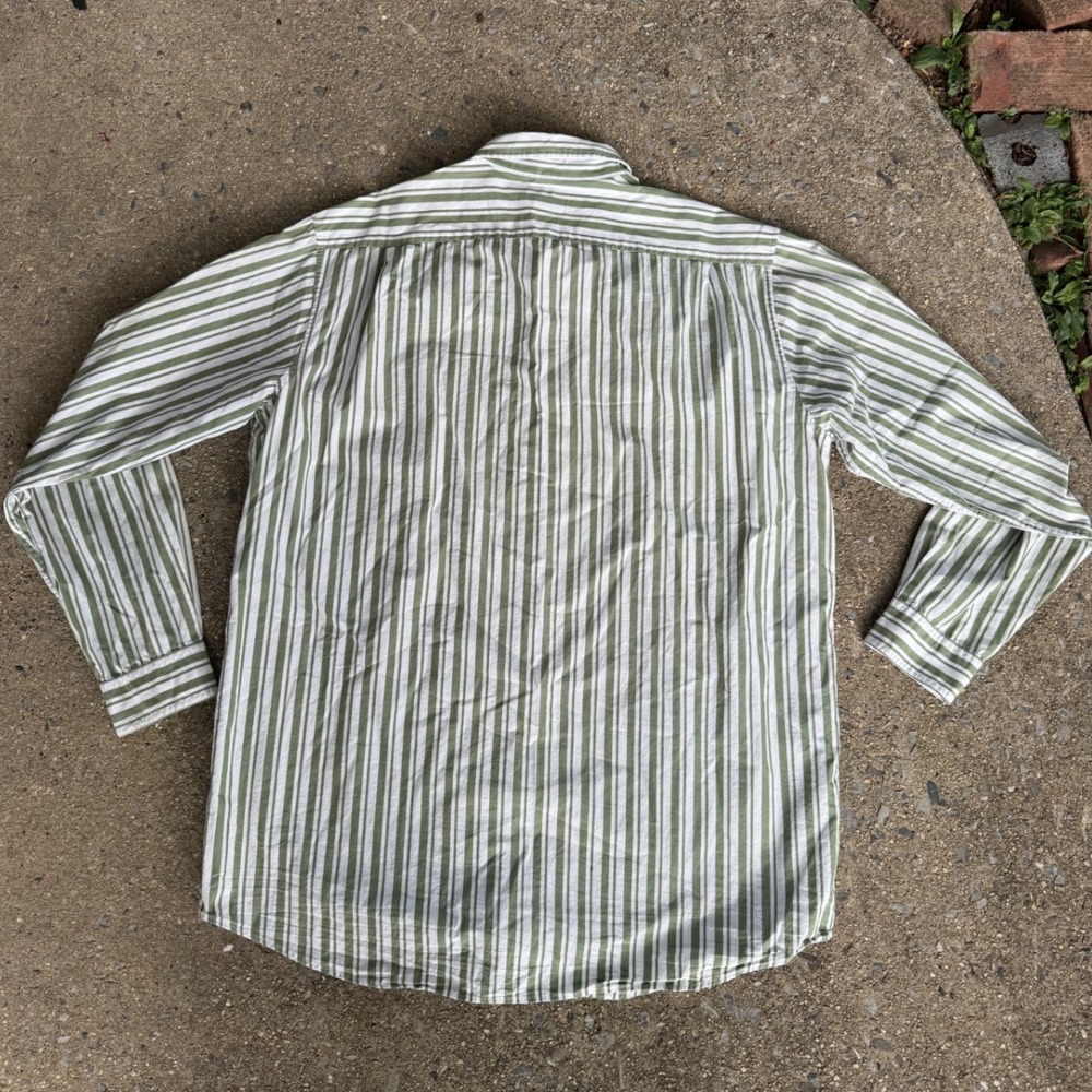 LL Bean Mens Large Tall Olive Green White Striped Cotton Button Down Shirt JGK3 - Picture 2 of 7